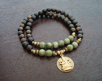 Women's Protection & Prosperity Wrap Mala Bracelet // Jade and Bronze on Brass Ganesha Charm // Yoga, Buddhist, Prayer Beads, Jewelry