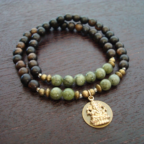 Women's Protection & Prosperity Wrap Mala Bracelet // Jade and Bronze on Brass Ganesha Charm // Yoga, Buddhist, Prayer Beads, Jewelry