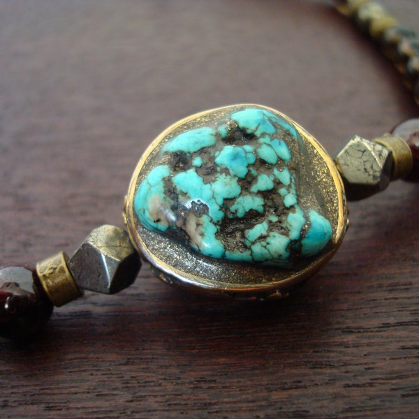 Tibetan Handcrafted Turquoise Mala //Turquoise, Smoky Quartz, & Pyrite Mala Necklace or Wrap Bracelet // Yoga, Buddhist, Jewelry