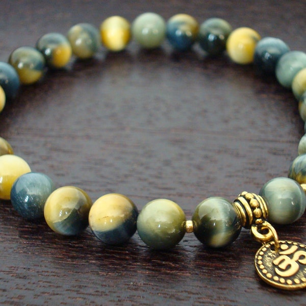 Blau & goldenes Tigerauge Schutz und Glück Mala Armband // Gold oder Silber Om Mala Armband // Yoga, Buddhist, Mala Perlen, Schmuck