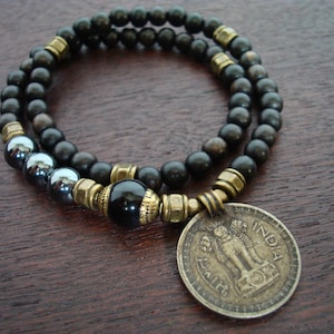 Tibetan Onyx & Hematite Indian Coin Mala Bracelet // 54 Bead Double Wrap Mala Bracelet // Yoga, Buddhist, Prayer Beads, Mala Beads, Jewelry