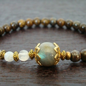 Women&#39;s Strength & Wisdom Mala Bracelet // Labradorite, Moonstone, and Bronzite Mala Bracelet // Yoga, Buddhist, Jewelry, Prayer Beads