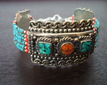 Tibetan Turquoise & Coral Bordered Bracelet // Tibetan Bracelet, Yoga Jewelry, Buddhist Jewelry, Womens Jewelry