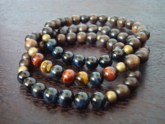 Men's Blue Tiger's Eye Mala Bracelet Set // Mixed Tiger Eye & Ebony Mala Bracelets // Yoga, Buddhist, Meditation, Prayer Beads, Jewelry