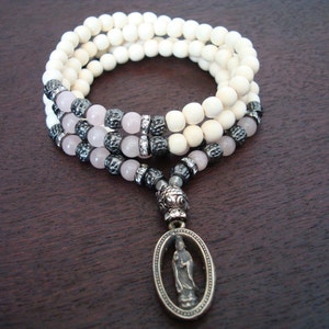 Women&#39;s Rose Quartz Love & Heart Quan Yin Mala // Kwan Yin Mala Necklace or Wrap Bracelet // Yoga, Buddhist, Prayer Beads, Jewelry
