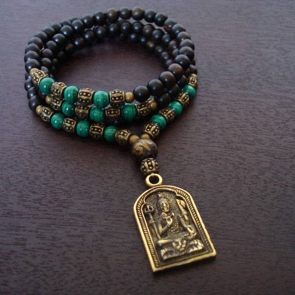 Women's Malachite Shiva Shakti Mala // Necklace & Wrap Bracelet // Yoga, Buddhist, Prayer Beads, Yoga Jewelry