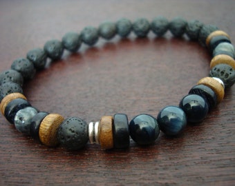 Men's ECO Blue Tiger's Eye & Black Moonstone Mala Bracelet // Eco Friendly Mala Bracelet // Yoga, Buddhist, Meditation, Jewelry