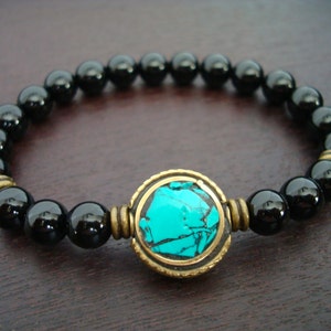 Men's Tibetan Turquoise & Onyx Cleansing and Protection Mala Bracelet // Yoga, Buddhist, Meditation, Mala Beads, Bracelet, Jewelry, Men