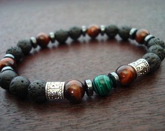 Men's Vitality & Spiritual Growth Compassion Mala Bracelet // Red Tiger Eye, Malachite, Hematite Mala Bracelet // Yoga, Buddhist, Meditation