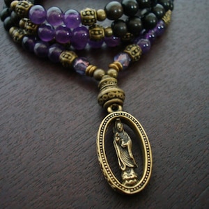 Women&#39;s Amethyst Serenity Mala // Amethyst & Ebony Quan Yin Mala Necklace or Wrap Bracelet // Yoga, Buddhist, Prayer Beads, Jewelry
