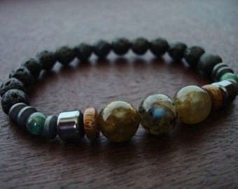 Men's Heart Chakra Mala Bracelet // Green Labradorite, Hematite, & Jade Mala Bracelet // Yoga, Buddhist, Meditation