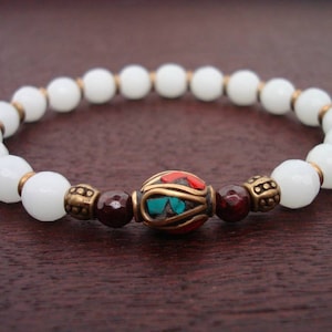 Women&#39;s Tibetan White Jade Luck & Prosperity Mala Bracelet // Turquoise, Garnet, and Jade Bracelet // Yoga, Buddhist, Mala Beads, Jewelry