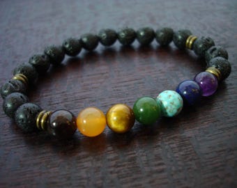 Pulseira Mala Masculina de Pedra Vulcânica dos Sete Chakras // Pulseira Mala dos Sete Chakras // Ioga, Budismo, Meditação, Terço, Joias