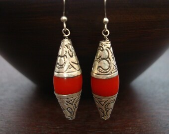 Women's Tibetan Capped Coral Earrings // Lightweight Coral Earrings // Yoga, Buddhist, Jewelry, Women, Yoga Jewelry