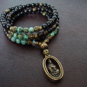 Women's African Turquoise Heart Chakra Mala // Quan Yin Mala Necklace or Wrap Bracelet // Yoga, Buddhist, Meditation, Prayer Beads, Jewelry