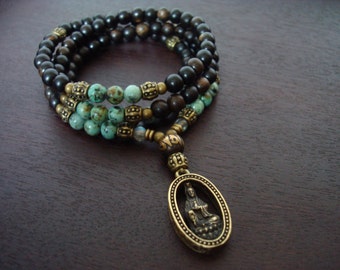 Women's African Turquoise Heart Chakra Mala // Quan Yin Mala Necklace or Wrap Bracelet // Yoga, Buddhist, Meditation, Prayer Beads, Jewelry