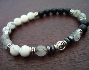 Men's Yin Yang Mala Bracelet // Calming White Howlite & Grounding Onyx Yin Yang Bracelet // Yoga, Buddhist, Prayer Beads, Meditation, Mala