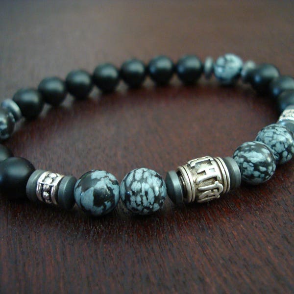 Men's Sterling Silver Compassion Mantra Mala Bracelet // Obsidian & Onyx Mala Bracelet // Yoga, Buddhist, Meditation, Prayer Beads, Jewelry