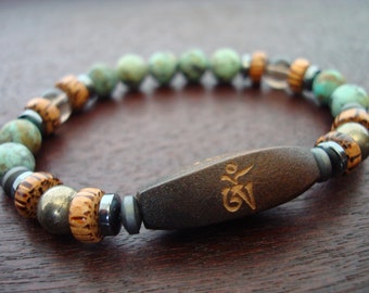 Men's Stability, Change, & Spiritual Protection Mala Bracelet // Pyrite, African Turquoise, Om Mani Padme Hum Bracelet // Buddhist Jewelry