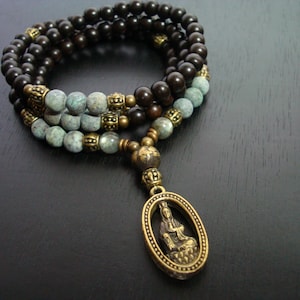 African Turquoise Quan Yin Mala Necklace or Wrap Bracelet | Heart Chakra Mala | Meditation Beads | Yoga Jewelry | Buddhist Prayer Mala