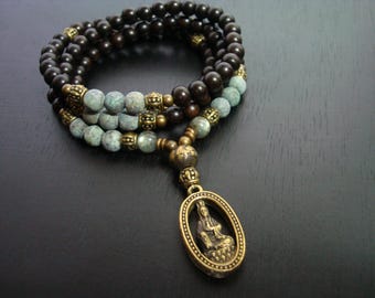 African Turquoise Quan Yin Mala Necklace or Wrap Bracelet | Heart Chakra Mala | Meditation Beads | Yoga Jewelry | Buddhist Prayer Mala