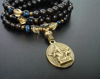 Men's Protection & Prosperity Mala // Citrine, Blue Tiger's Eye, and Ganesha Mala Necklace or Wrap Bracelet // Yoga, Buddhist, Prayer Beads