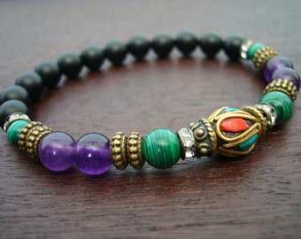 Women's Tibetan Amethyst & Malachite Spiritual Growth Mala Bracelet // Yoga, Buddhist, Prayer Beads, Meditation, Jewelry