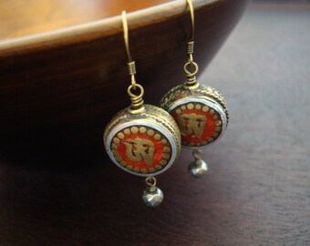 Women's Tibetan Coral Om & Pyrite Earrings // Women's Jewelry, Yoga Jewelry, Earrings