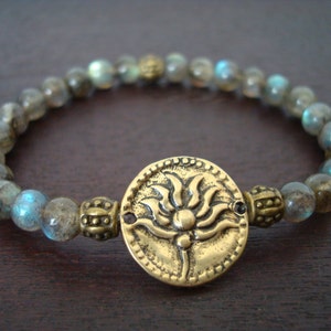 Women's Dirty Labradorite Lotus Mala Bracelet // Bronze Lotus Mala Bracelet // Yoga, Buddhist, Jewelry, Meditation, Prayer Beads image 1