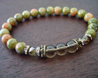 Women's Self-Worth & Positivity Mala Bracelet // Smoky Quartz and Unakite Mala Bracelet // Yoga, Buddhist, Meditation, Jewelry