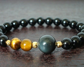 Men&#39;s Obsidian Strength & Protection Mala Bracelet // Onyx, Tiger&#39;s Eye, Obsidian Mala // Yoga, Buddhist, Mala Beads, Prayer Beads, Jewelry