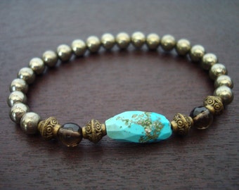 Women's Turquoise Balancing Mala Bracelet // Turquoise, Pyrite Mala Bracelet // Yoga, Buddhist, Jewelry, Meditation, Prayer Beads