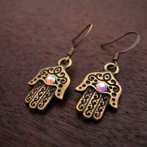 Antique Gold Hamsa Earrings // Austrian Crystal Hamsa Earrings // Jewelry, Women&#39;s Jewelry, Yoga Jewelry, Earrings