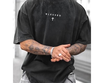 Blessed Cross Shirt, Vintage Wash Christian Streetwear, Oversized Mens Graphic Tee