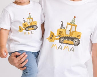 Matching Family Birthday Shirts, Cotton Bulldozer Tees for Mama Dada Kids Digger Party