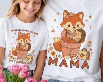 Matching Family Birthday Shirts, Cotton Vet Fox Tees for Mama Dada Kids Party Set