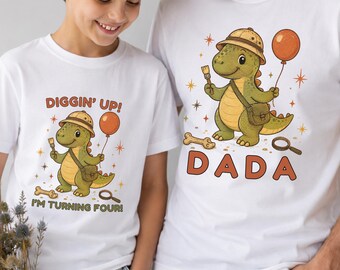 Dinosaur Family Matching Shirts, Fossil Dig 4th Birthday Cotton Tees for Mama and Dada