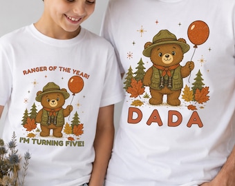 Camping Bear Family Matching Shirts, Woodland 5th Birthday Cotton Tees for Mama Dada