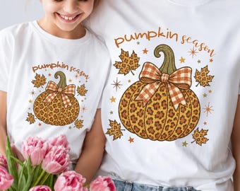 Matching Family Pumpkin Shirts, Cotton Leopard Print Fall Tees for Mom Dad and Kids