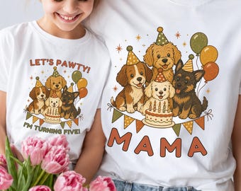 Matching Family Puppy Party Shirts, Cotton 5th Birthday Dog Tees for Mama Dada Kids