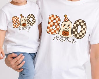 Matching Family Halloween Shirts, Checkered Boo Ghost Cotton Tees for Mama Dada Kids