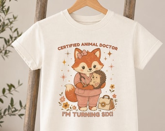 Personalized Vet Fox Birthday Shirt, Cotton Tee for Kids Animal Doctor Party Gift
