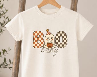 Boo Ghost Halloween Shirt, Retro Checkered Cotton Tee for Kids Trick or Treat Party