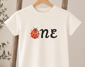 Ladybug One Shirt, Personalized Cotton 1st Birthday Tee for Baby Girl Bug Themed Party