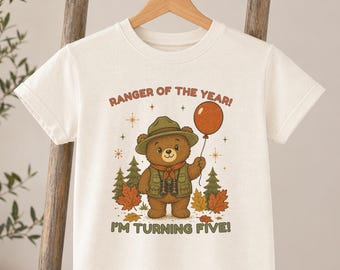 Ranger Of The Year I'm Turning Five Shirt, Personalized Camping Bear 5th Birthday Tee