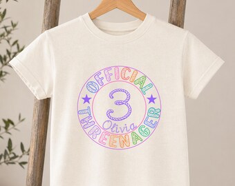 Official Threenager Shirt, Personalized Cotton 3rd Birthday Tee for Toddler Girl Party