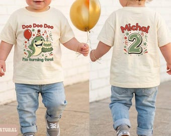 Shark Birthday Shirt Boy Doo Doo Doo Personalised Name Age Back Print Kids Toddler Shark Tee Birthday Outfit