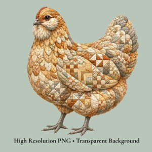 May include: A chicken figure constructed from a patchwork quilt pattern featuring various shades of brown, tan, and grey fabric squares. The bird has a detailed textured surface, a small beak, and dark eyes, standing on two grey legs against a solid background.