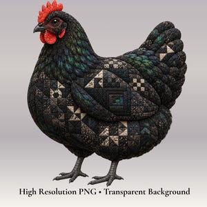 May include: A chicken figure featuring a black and dark-toned patchwork quilt pattern across its body, with iridescent green feather accents on the neck and tail. It has a bright red comb and wattle, dark eyes, and grey legs. Text reads: High Resolution PNG • Transparent Background.