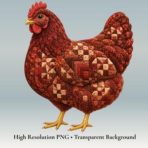 May include: A chicken figure featuring a detailed patchwork quilt pattern in shades of deep red, burgundy, and cream. The bird has a bright yellow beak, textured plumage, and yellow legs. The text below reads High Resolution PNG Transparent Background.